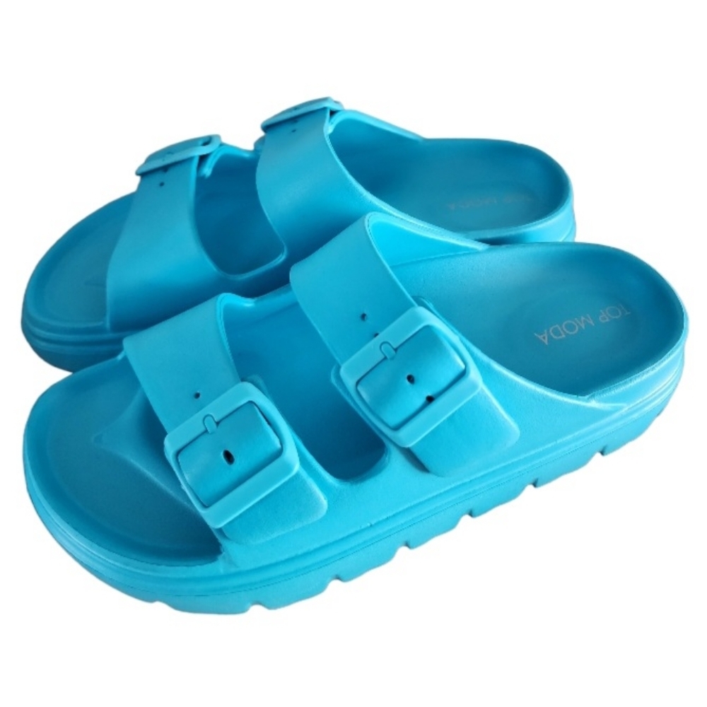 NWOB Top Moda Double Buckle Rubber Blue Slides Sandals Size 7